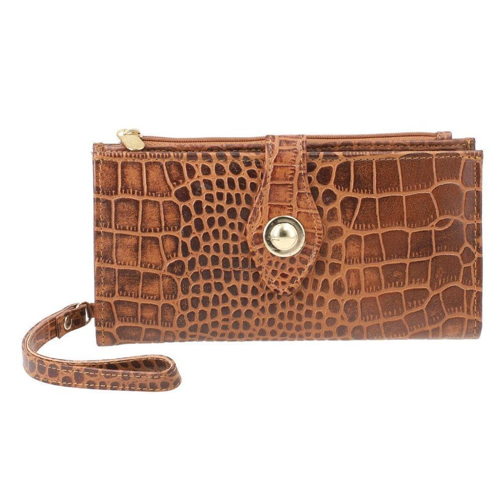 Tan Croco Embossed Genuine Leather RFID Wallet with Button Closure